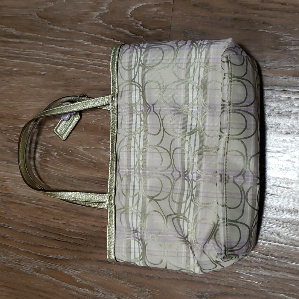 COACH Metallic Gold Plaid Monogram Logo Mini Handbag Luxury Formal Occassion - Picture 11 of 11